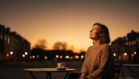 Personne contemplant le ciel doré d'avril au crépuscule
