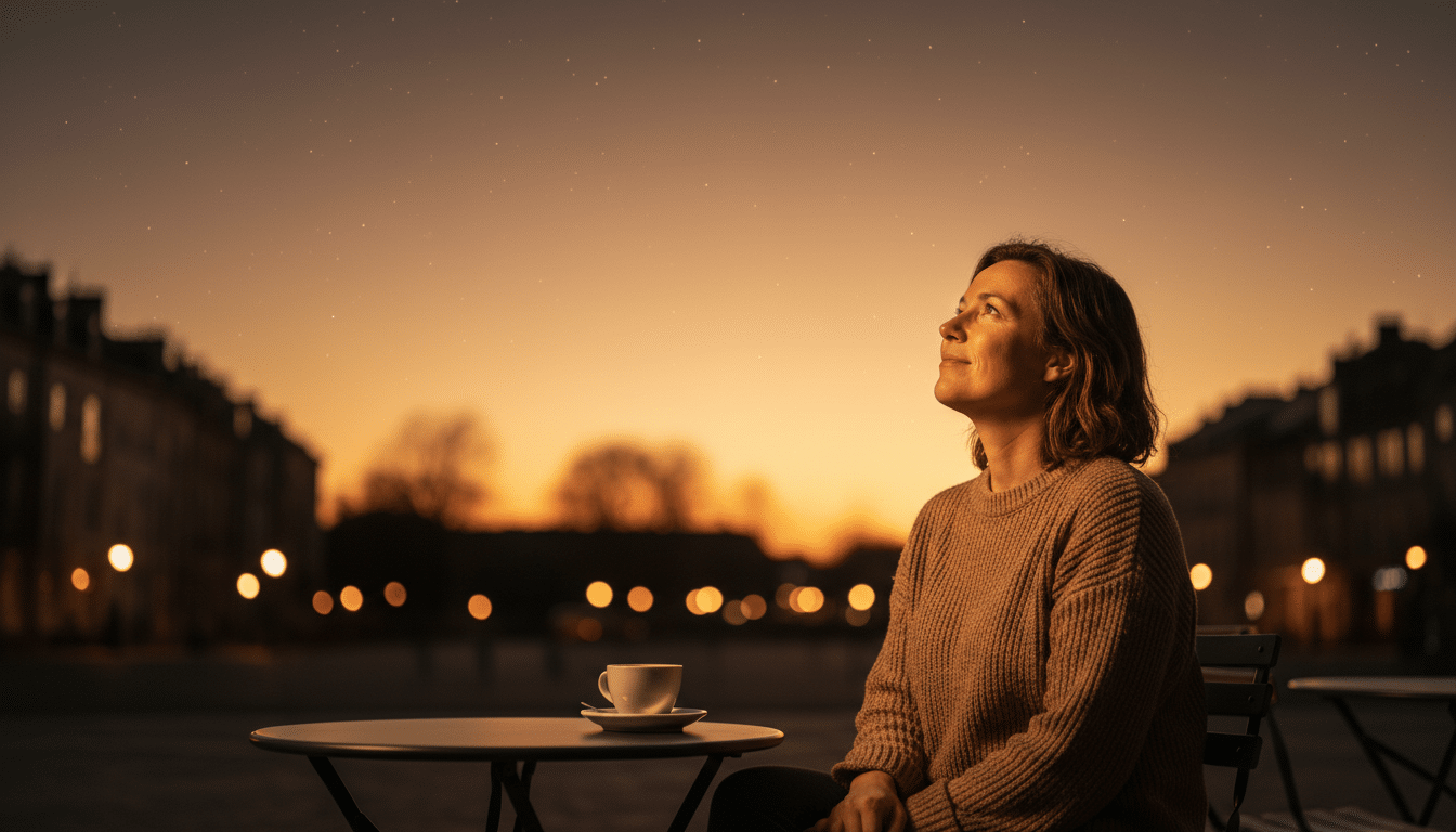 Personne contemplant le ciel doré d'avril au crépuscule