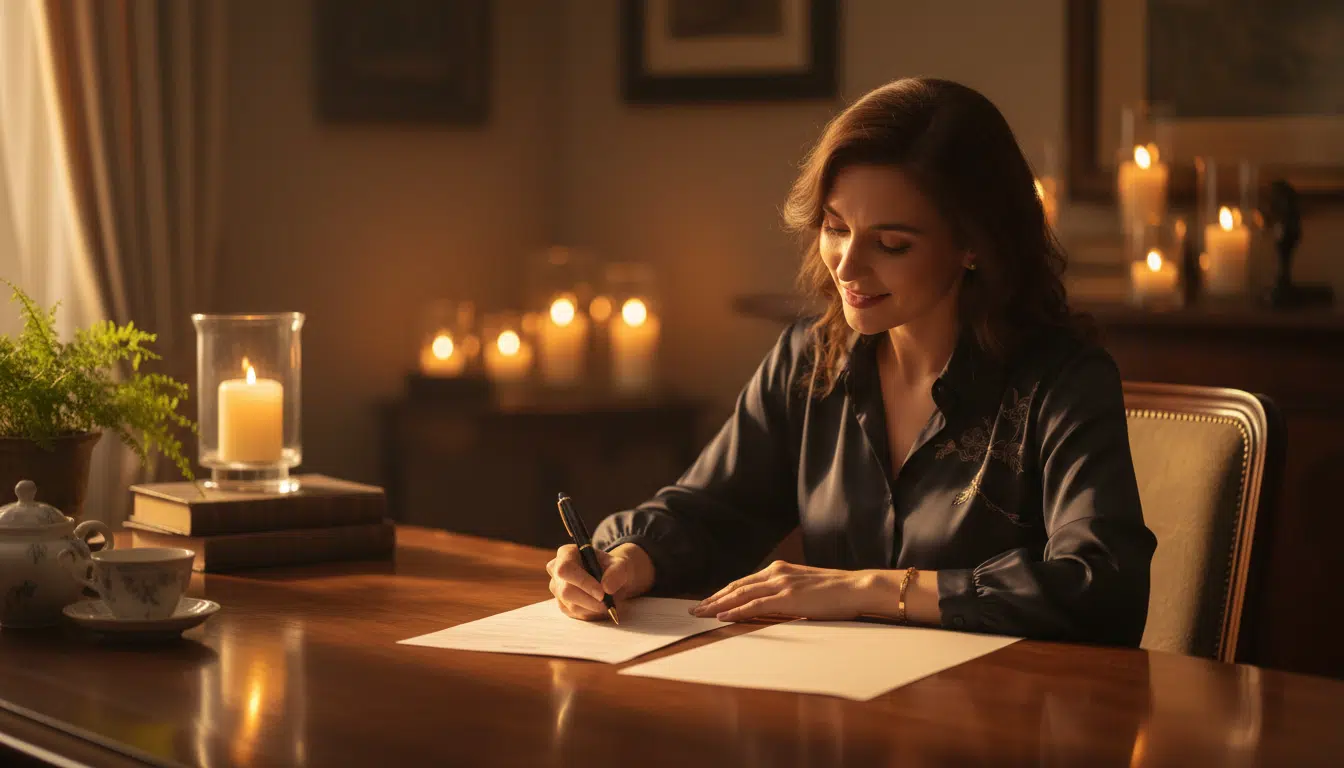 Femme signant un document dans une lumière dorée