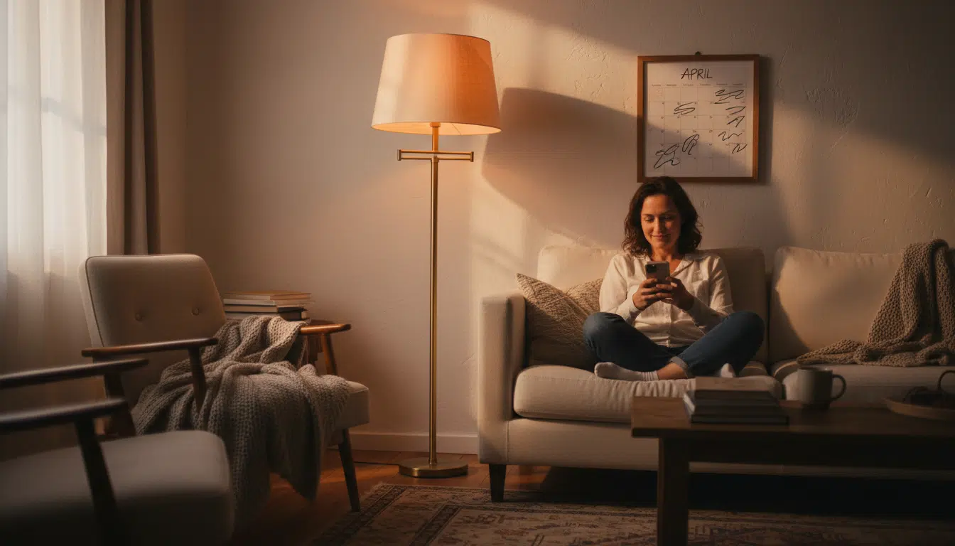 Personne consultant son téléphone sous une lumière chaleureuse en avril