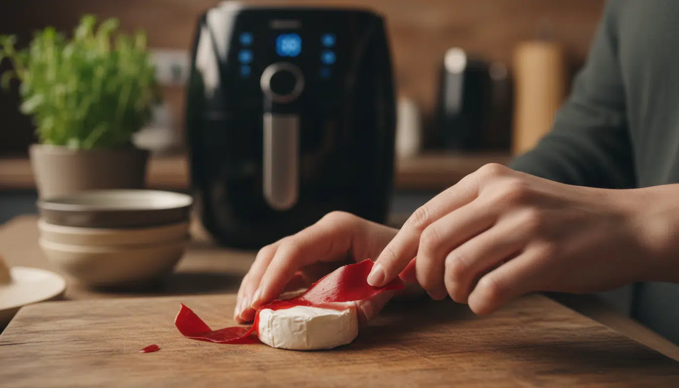 Mains déballant un Mini Babybel devant un airfryer