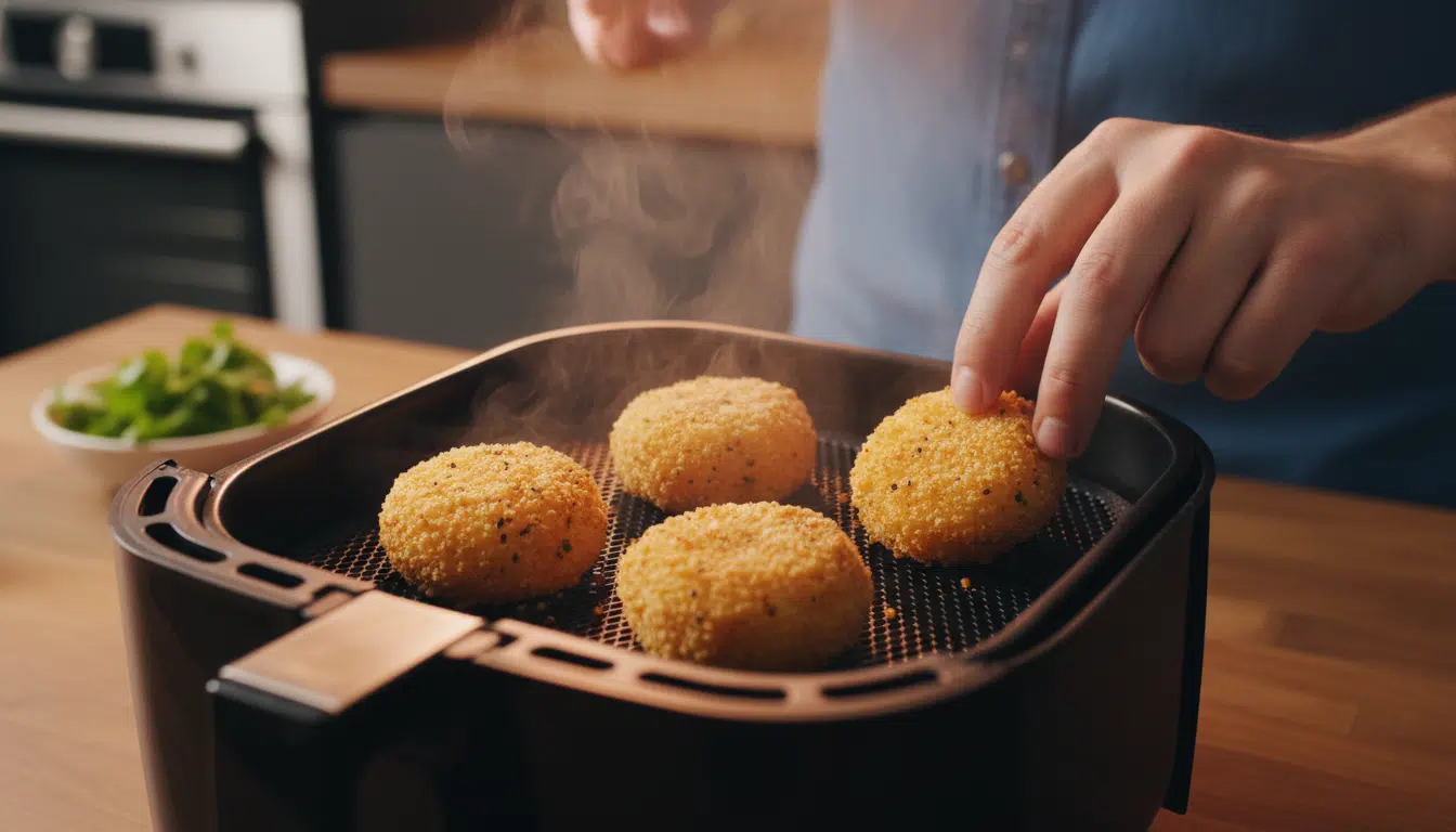 Babybel panés dorés dans le panier d'un airfryer