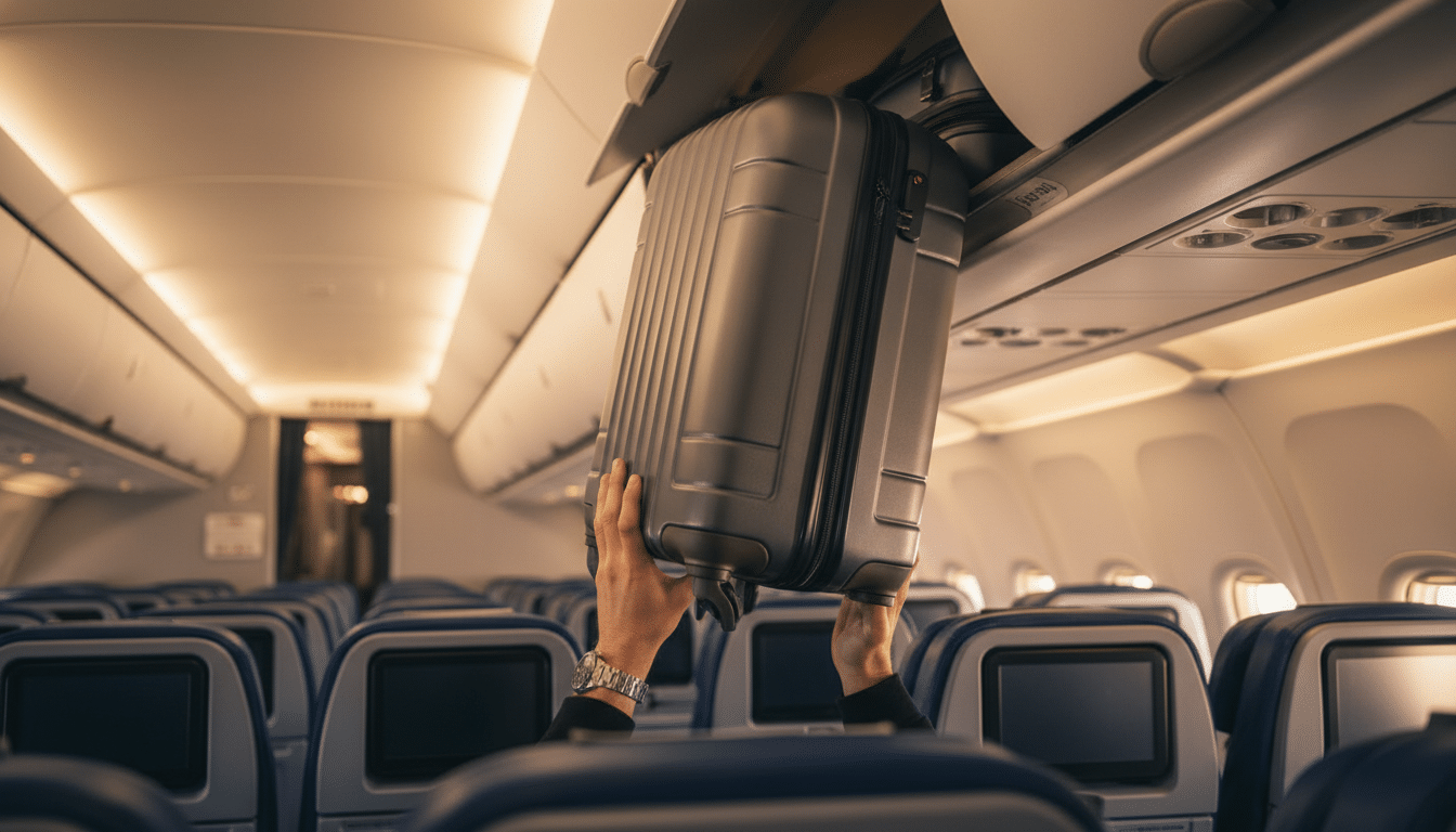 Passager rangeant un bagage cabine dans le compartiment supérieur