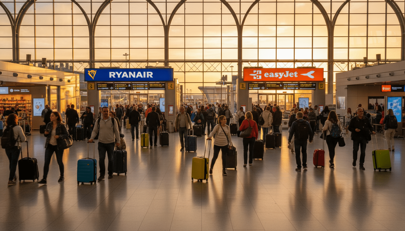 Terminal de départ d'un aéroport européen avec passagers et bagages