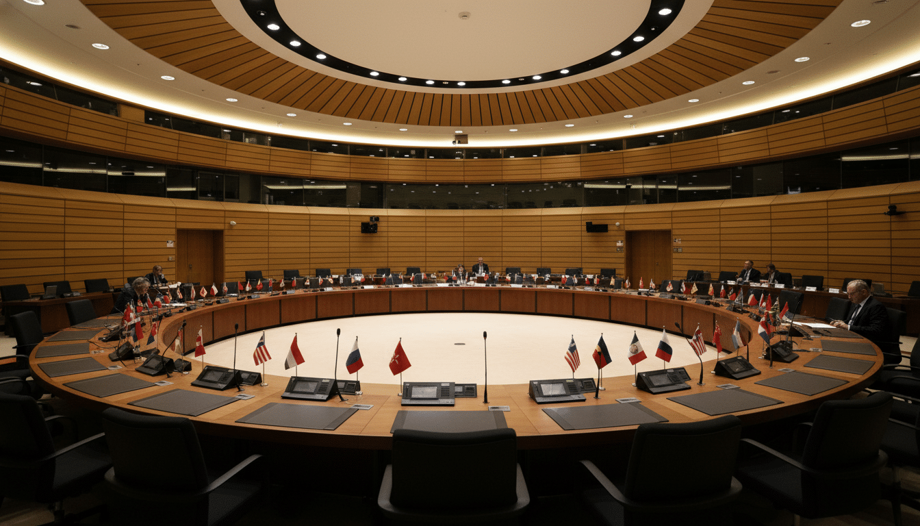 Salle du Conseil européen à Bruxelles avec drapeaux des États membres