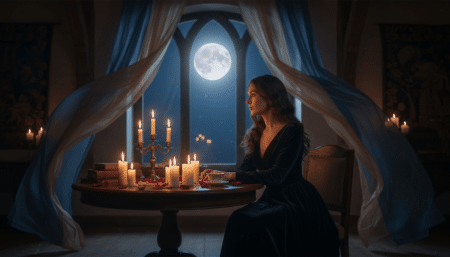 Femme pensive devant la pleine lune d'avril