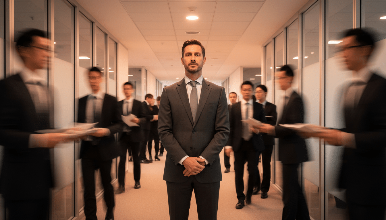 Homme immobile dans un bureau agité en avril