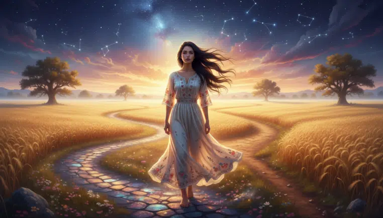 Femme à la croisée des chemins au lever du jour