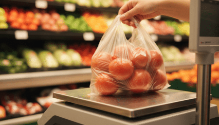 Sac de tomates touchant le bord d'une balance de supermarché