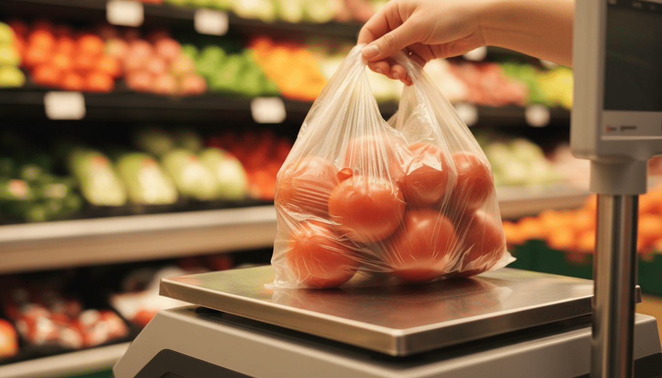 Sac de tomates touchant le bord d'une balance de supermarché