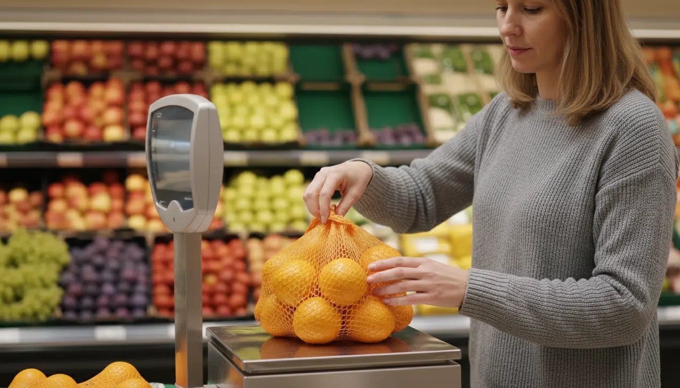 Cliente positionnant correctement un sac d'oranges sur la balance