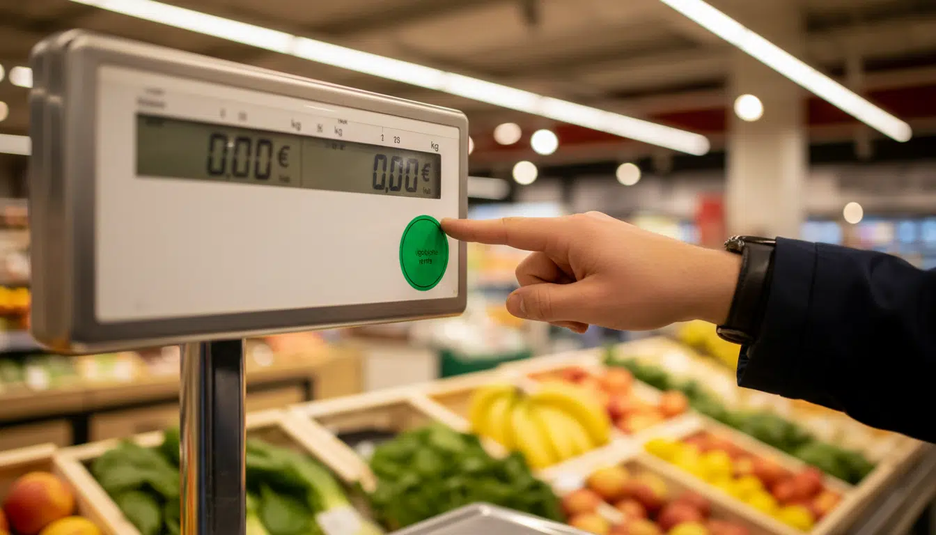 Vignette verte de conformité sur une balance au rayon fruits et légumes