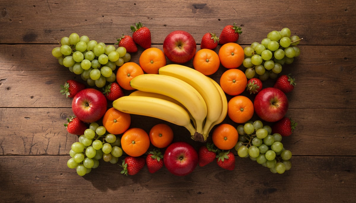 Bananes et fruits variés sur une table en bois rustique