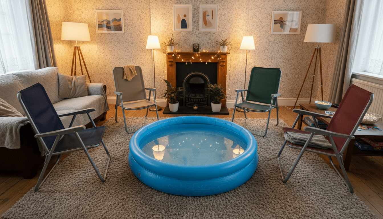 Piscine gonflable installée dans un salon pour un baptême
