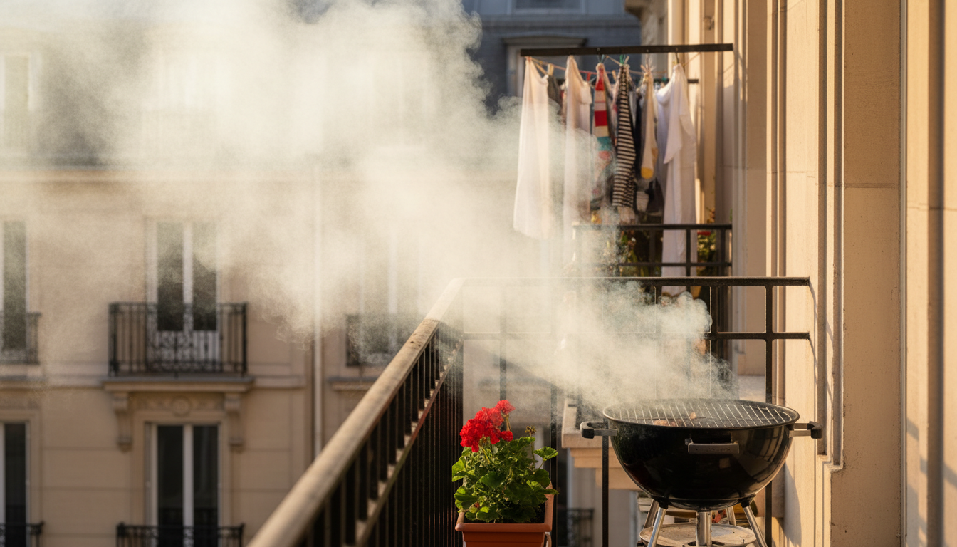Barbecue au charbon fumant sur un balcon d'appartement