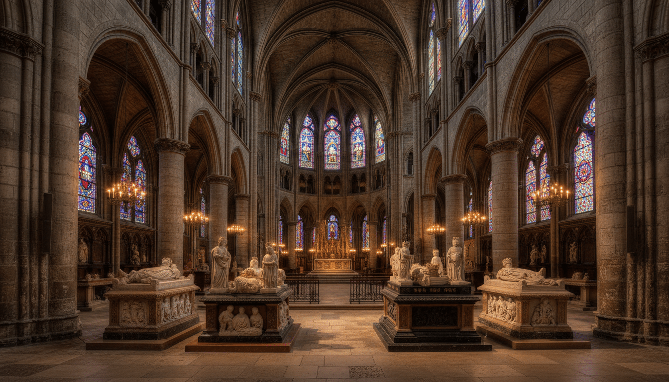 Intérieur gothique de la basilique de Saint-Denis, nécropole royale française, avec ses arches en pierre et ses tombeaux royaux illuminés à la bougie