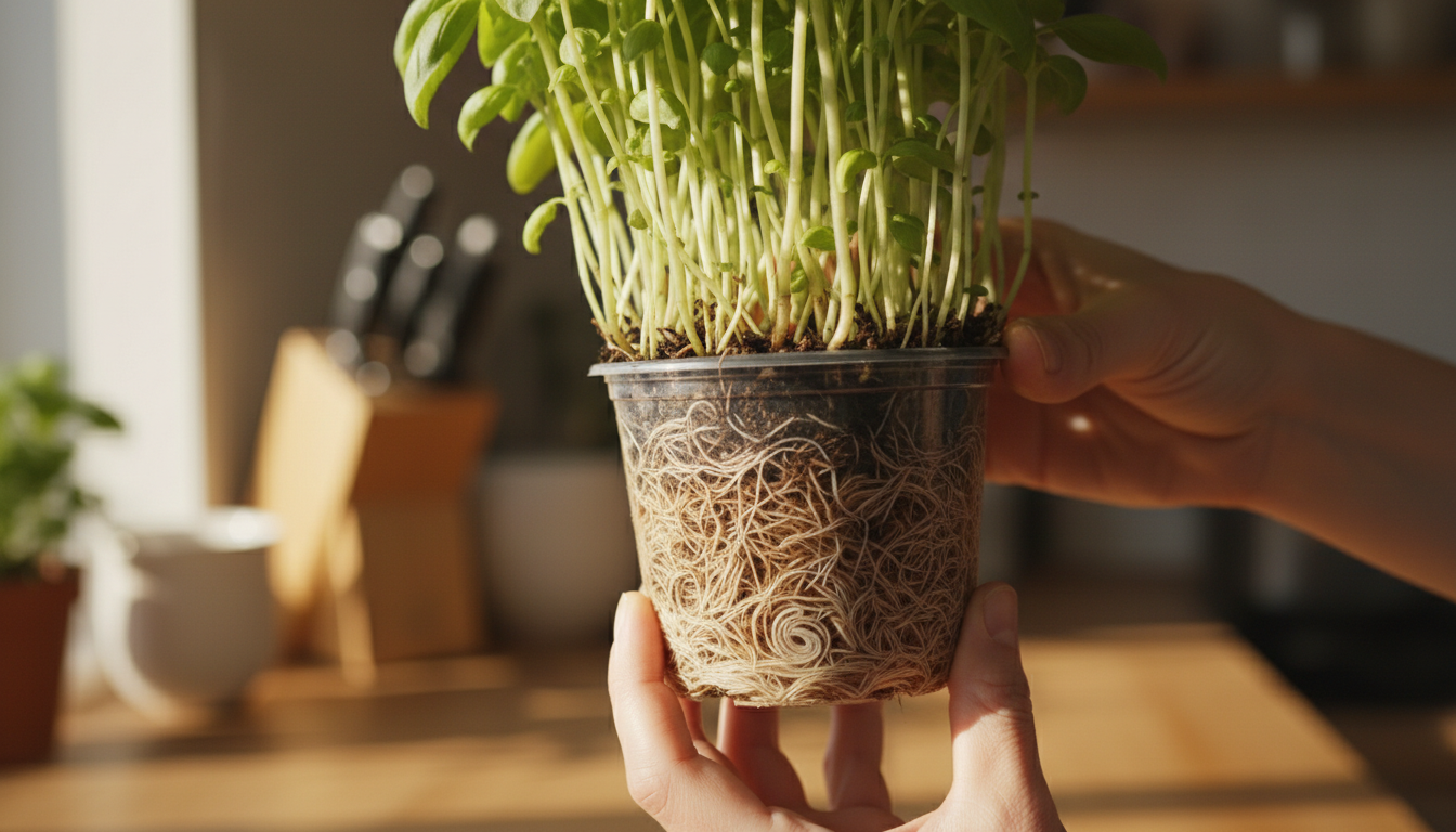 Mains retournant un pot de basilic de supermarché révélant les racines compactes