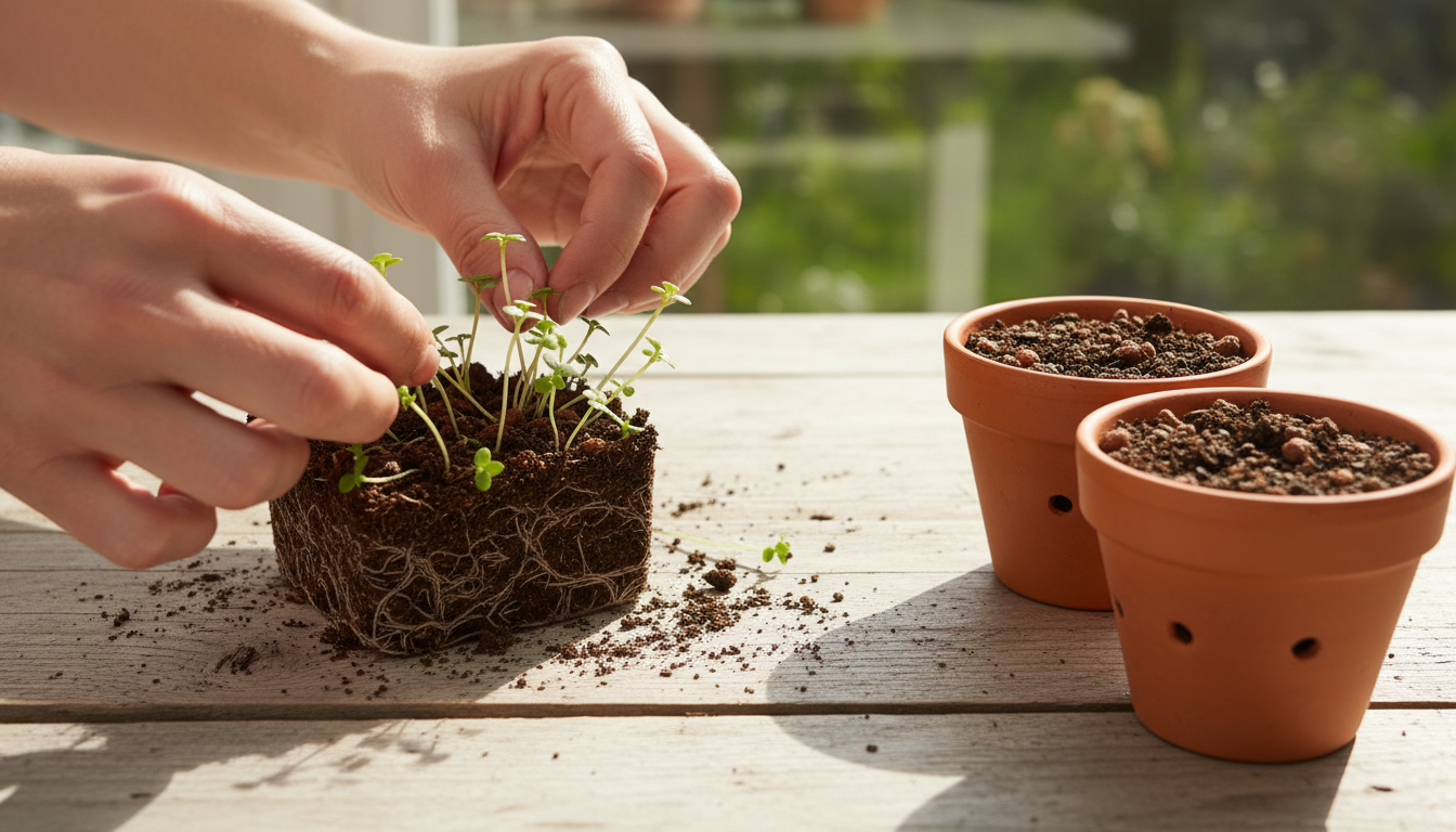 Séparation des plants de basilic pour rempotage dans des pots individuels