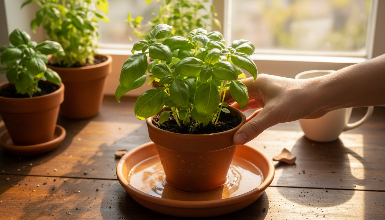 Arrosage par le bas d'un pot de basilic posé dans une soucoupe d'eau
