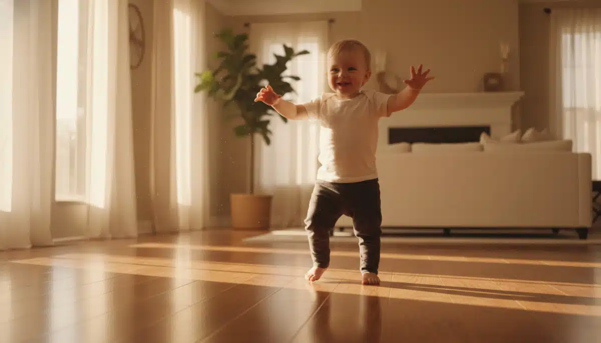 Bébé faisant ses premiers pas dans un salon ensoleillé