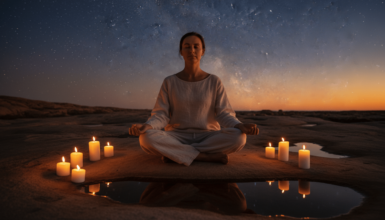 Personne méditant dans une lumière dorée au coucher du soleil