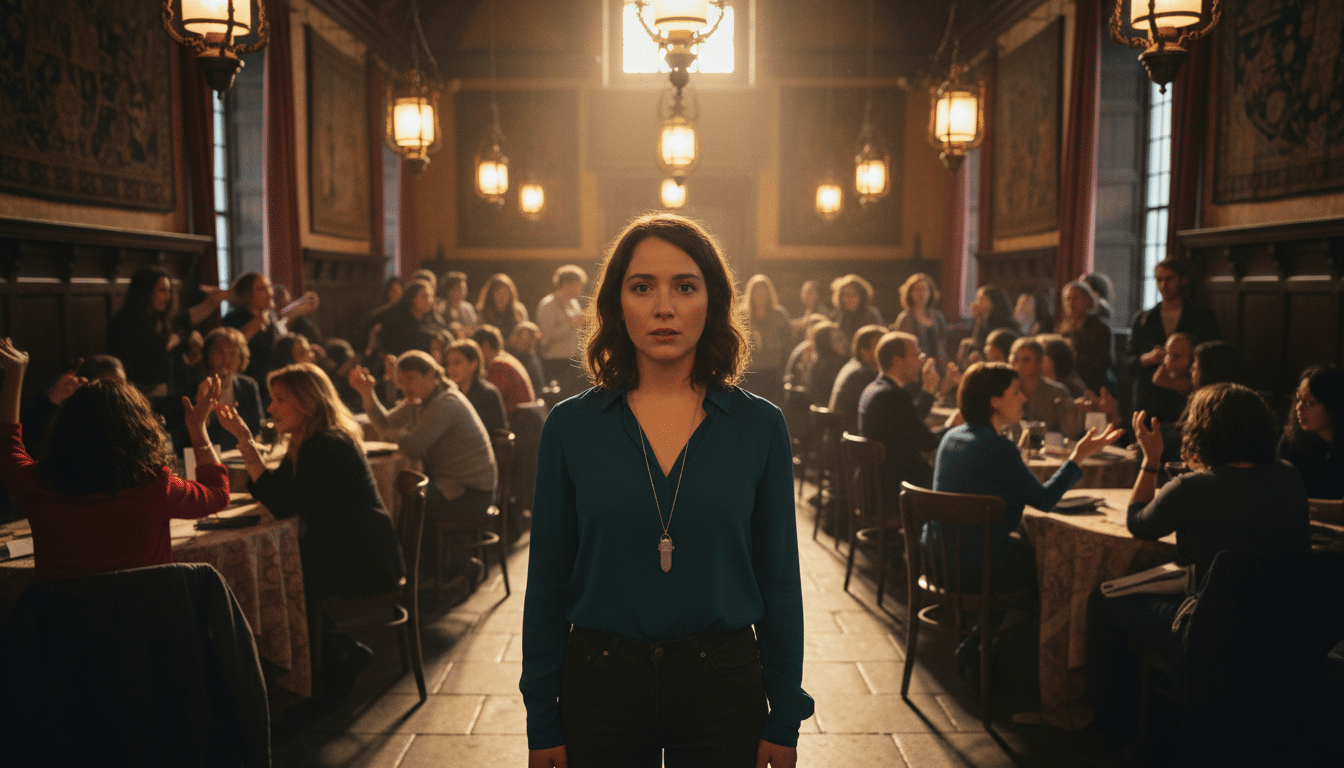 Femme calme entourée de personnes agitées dans une pièce éclairée