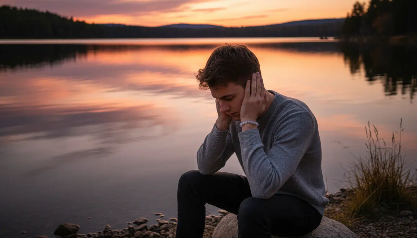Homme sensible au bord d'un lac au crépuscule protégeant son énergie