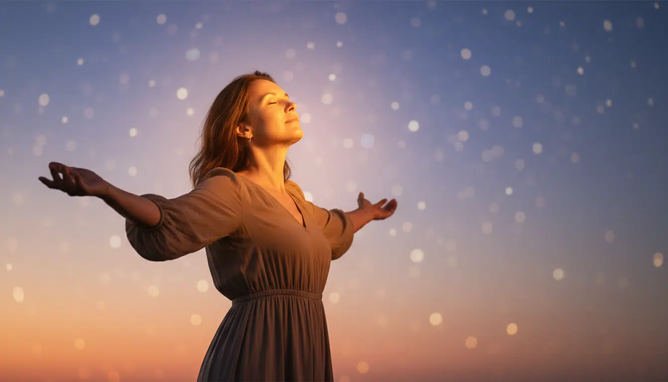 Femme sereine baignée de lumière dorée au crépuscule