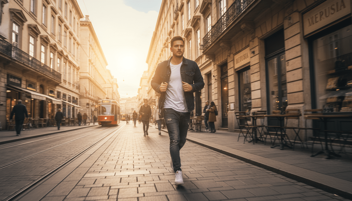 Homme déterminé marchant dans une rue ensoleillée