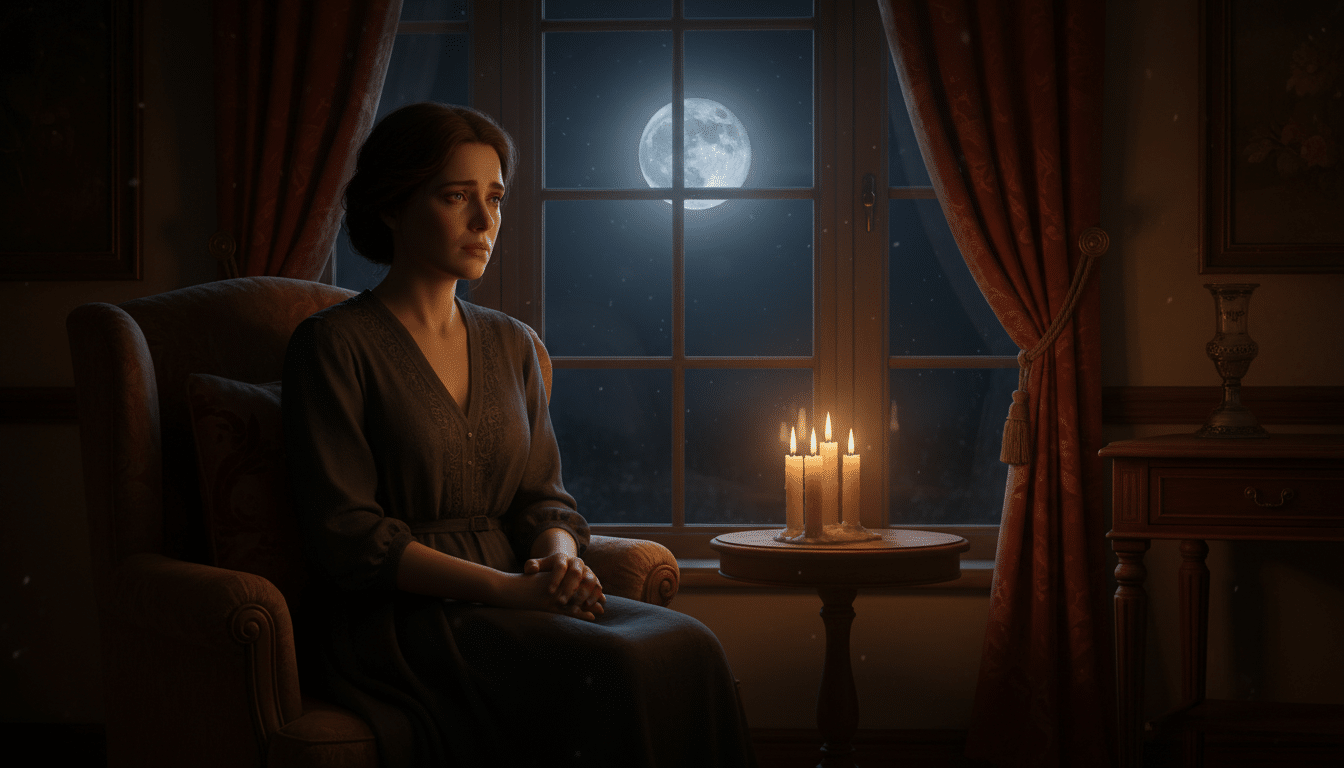 Femme pensive à la lumière de bougies et de la pleine lune