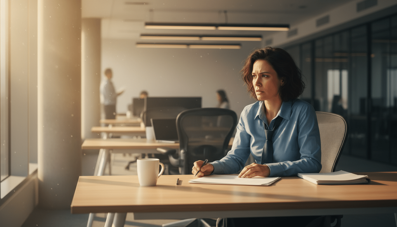 Personne méfiante à son bureau face à un dossier disparu