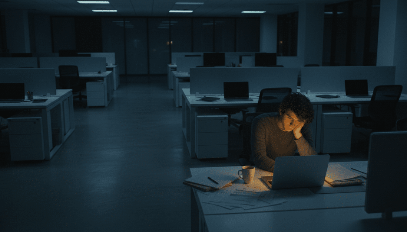 Personne seule et épuisée au bureau la nuit