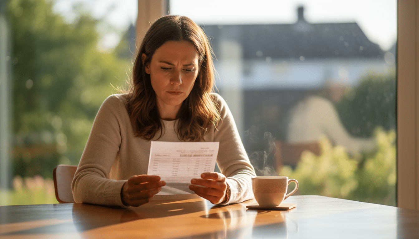 Femme inquiète lisant sa fiche de paie à table