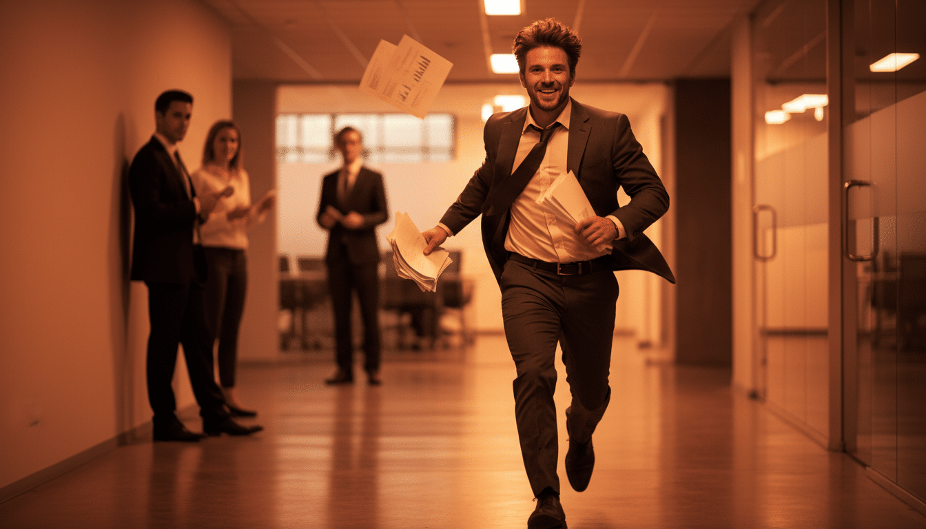 Homme pressé perdant des documents dans un couloir