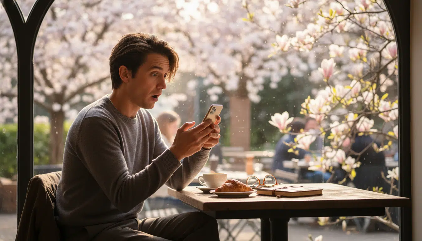 Personne surprise lisant un message sur son téléphone au printemps