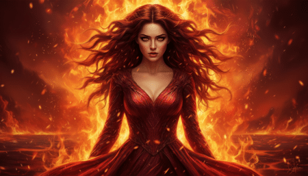 Femme entourée de flammes dorées, symbole des signes de Feu
