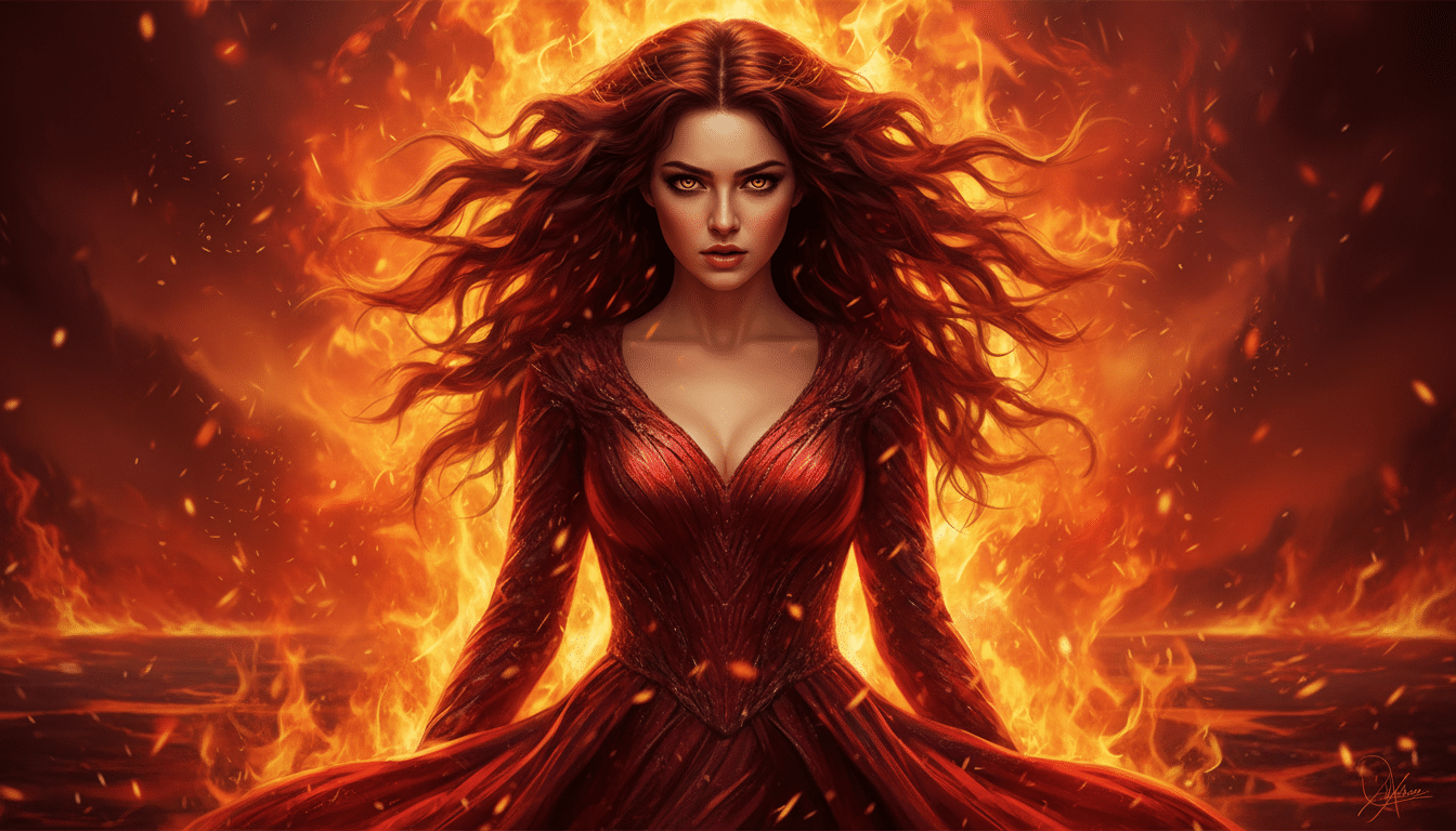 Femme entourée de flammes dorées, symbole des signes de Feu