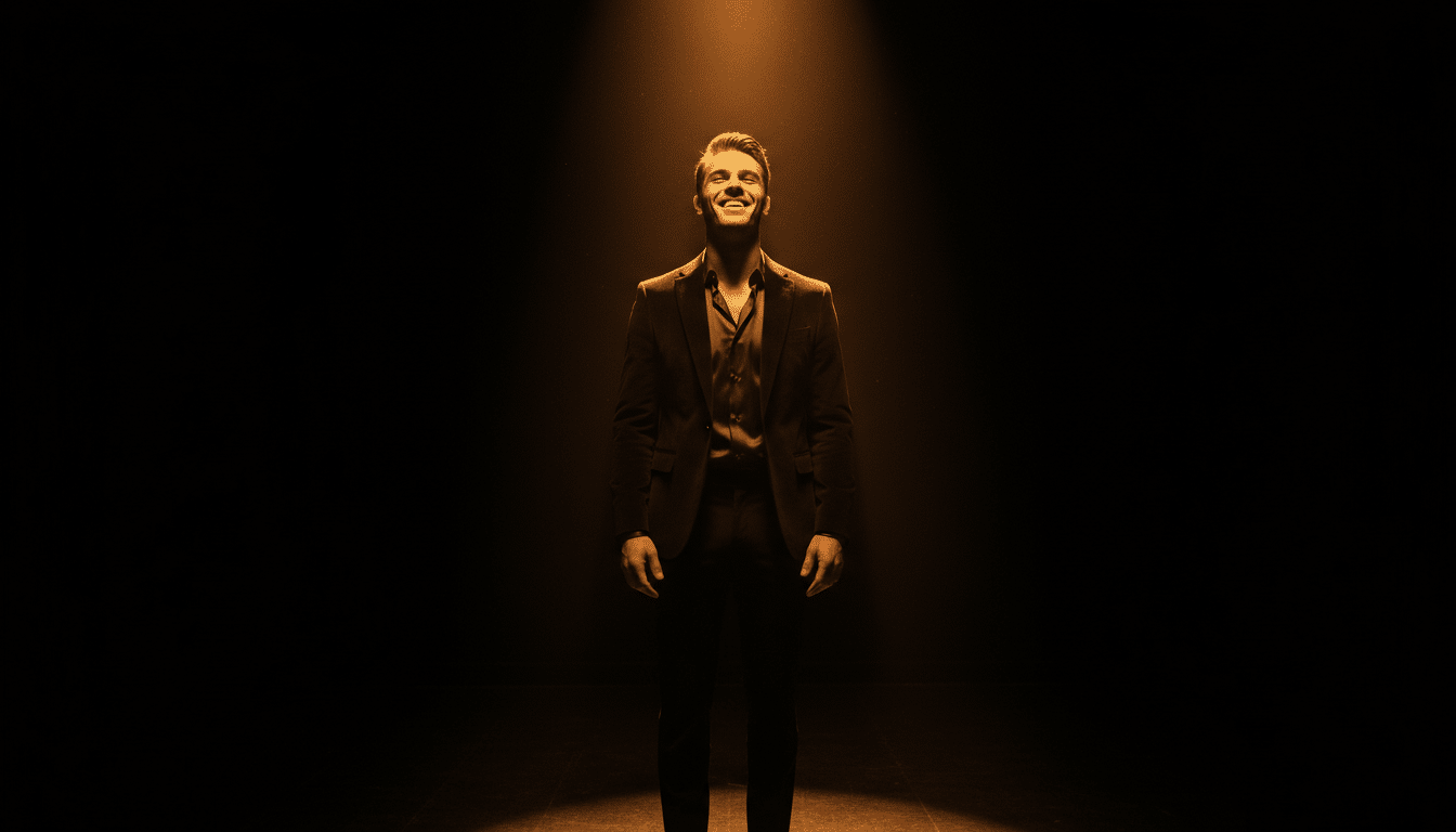 Homme confiant sous un projecteur doré, énergie du Lion