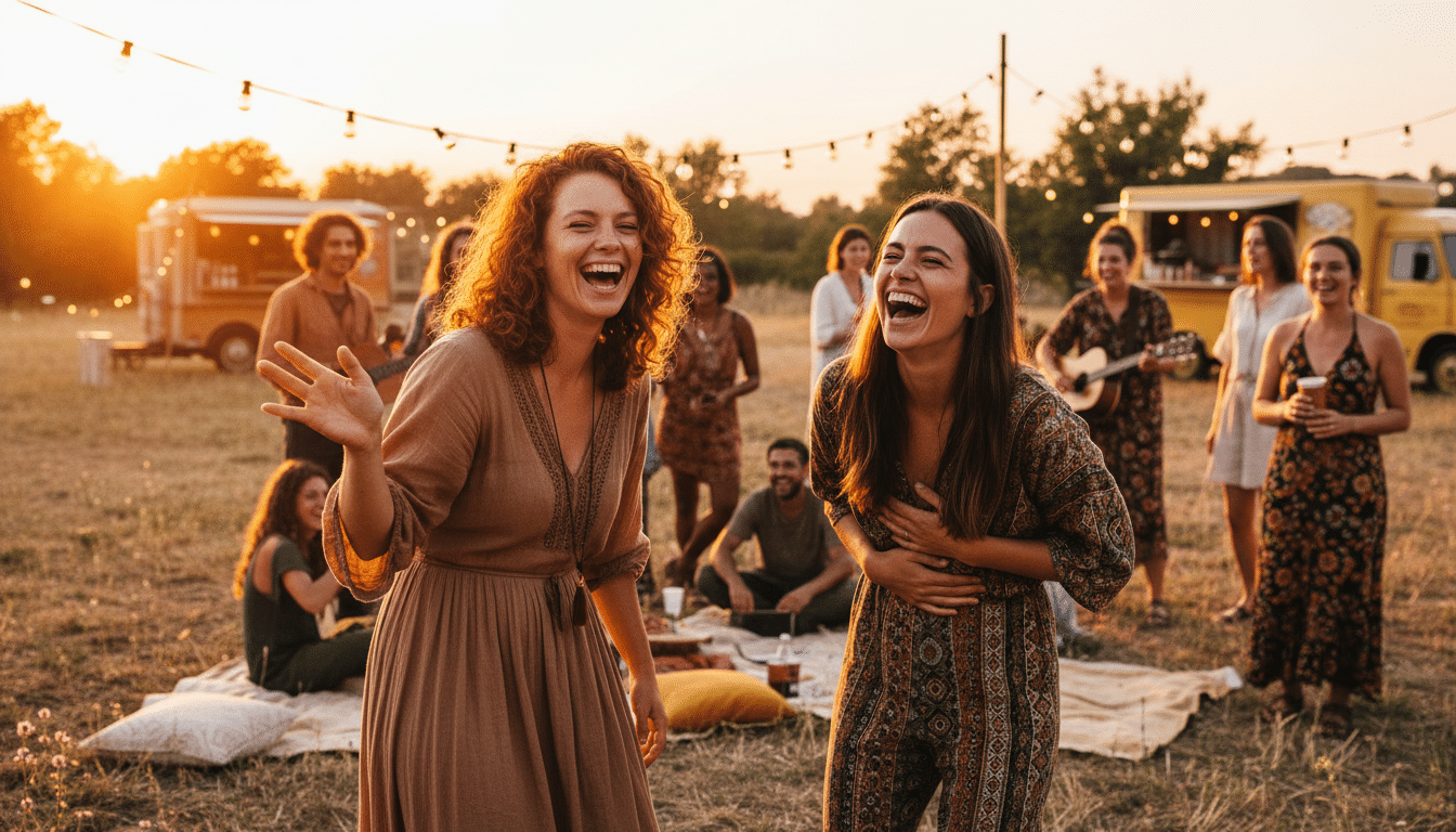 Deux femmes riant avec intensité lors d'une rencontre spontanée