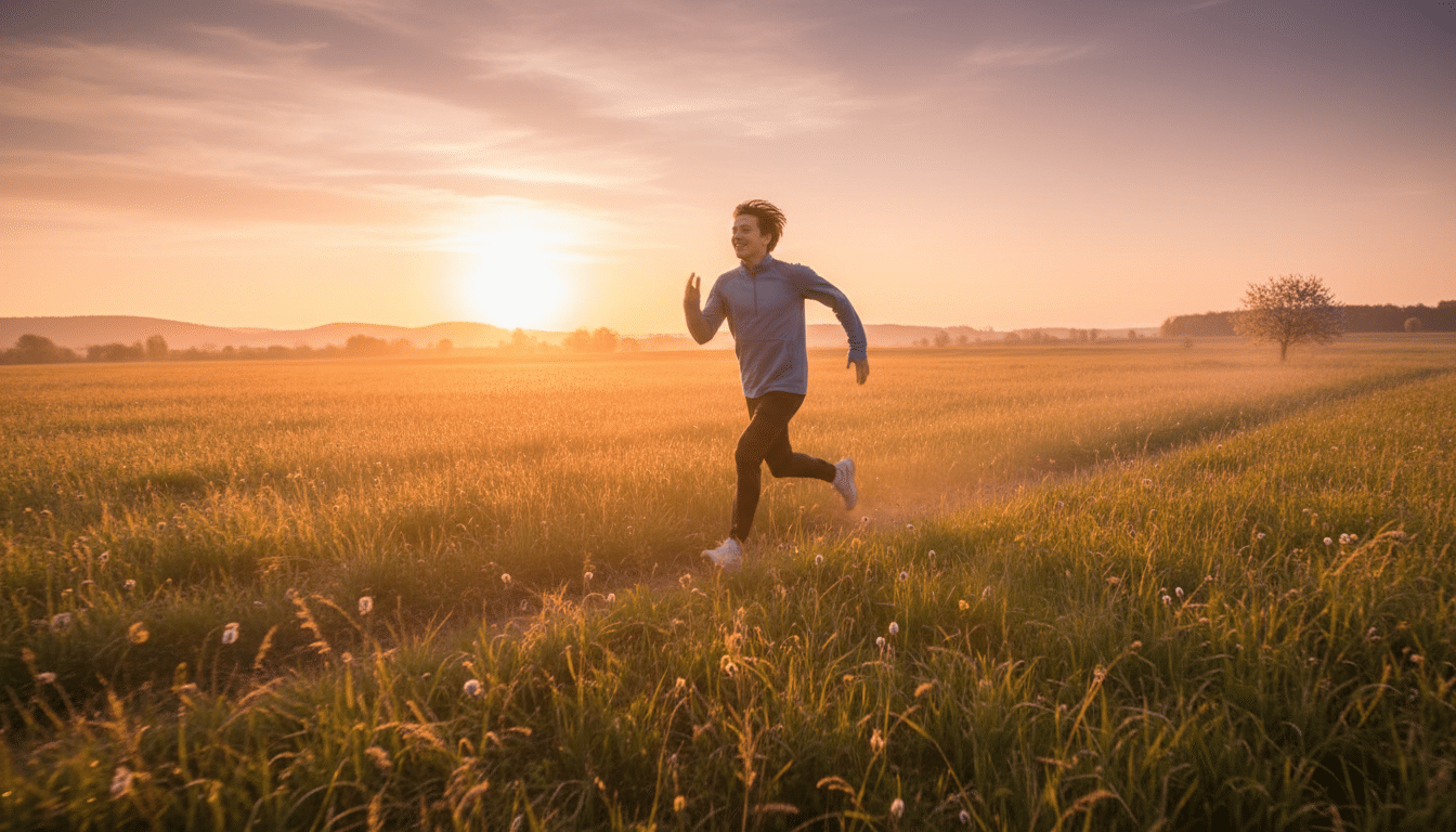 Personne courant avec énergie dans un champ printanier doré