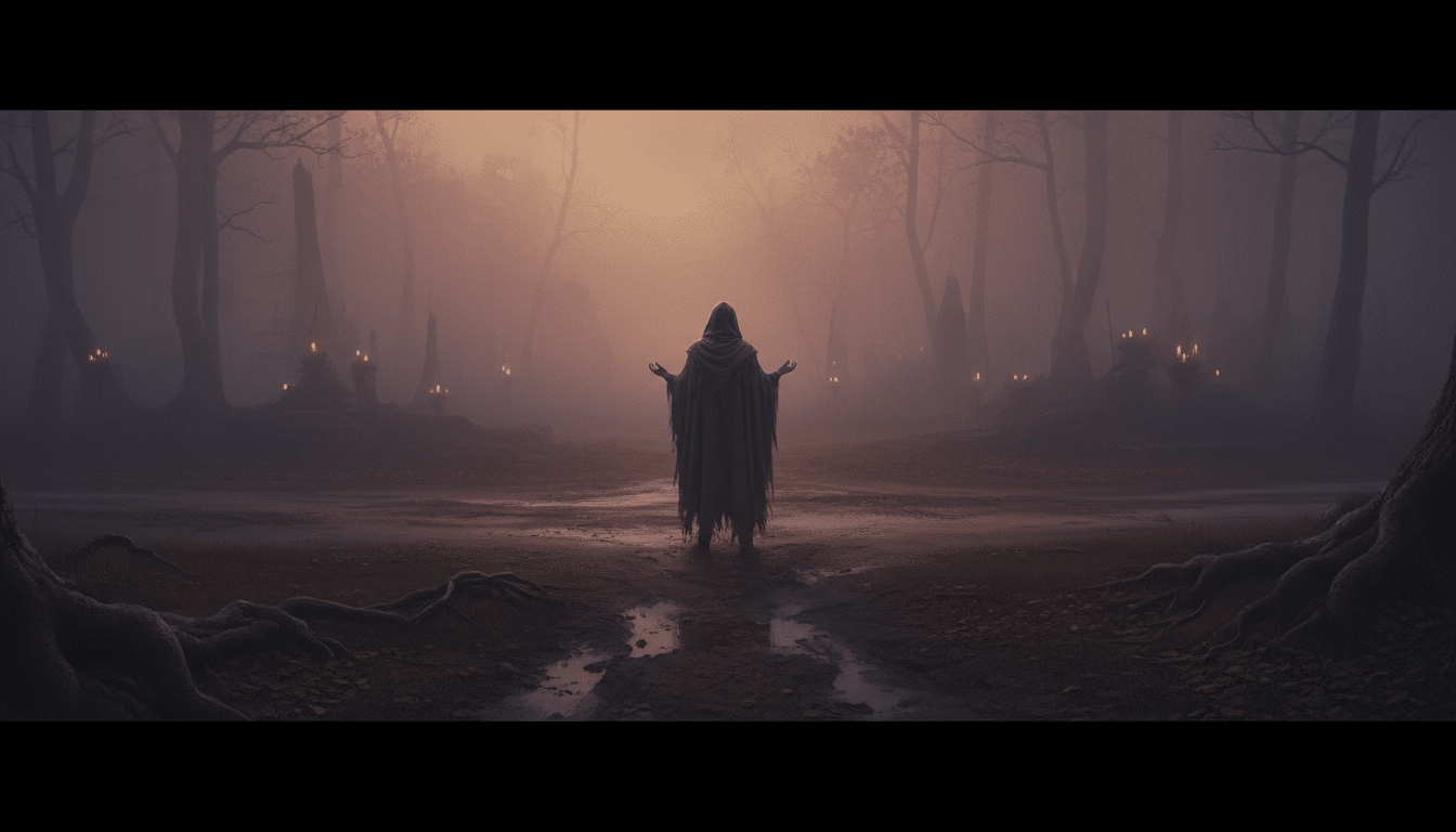 Personne hésitante à un carrefour dans le brouillard au crépuscule