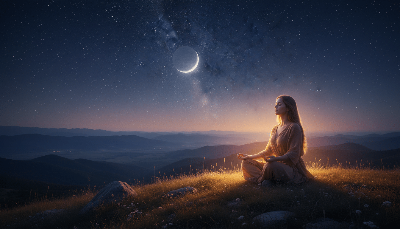 Personne méditant sous un ciel étoilé avec un croissant de lune