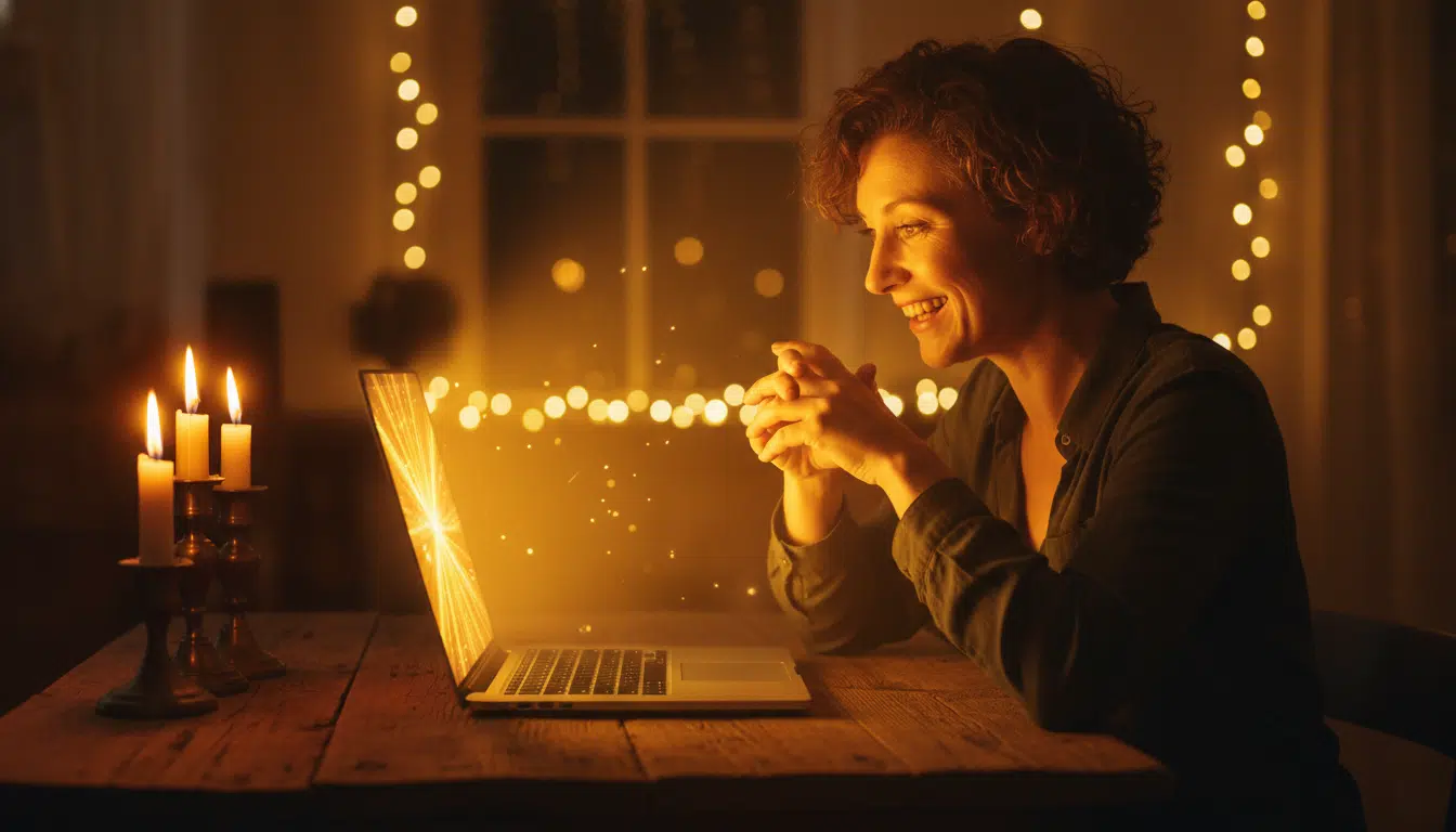 Personne joyeuse devant un écran lumineux doré