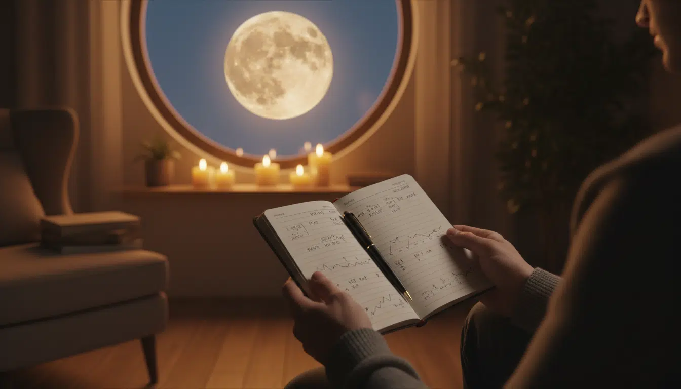 Mains tenant un carnet de budget sous la pleine lune