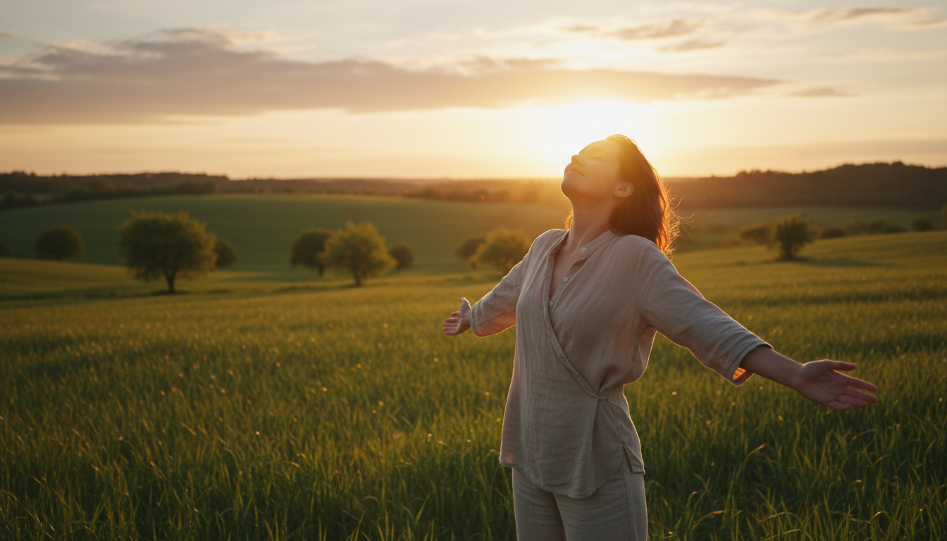 Personne soulagée au lever du soleil dans un champ