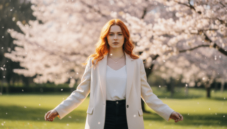 Femme déterminée sous la lumière dorée du printemps