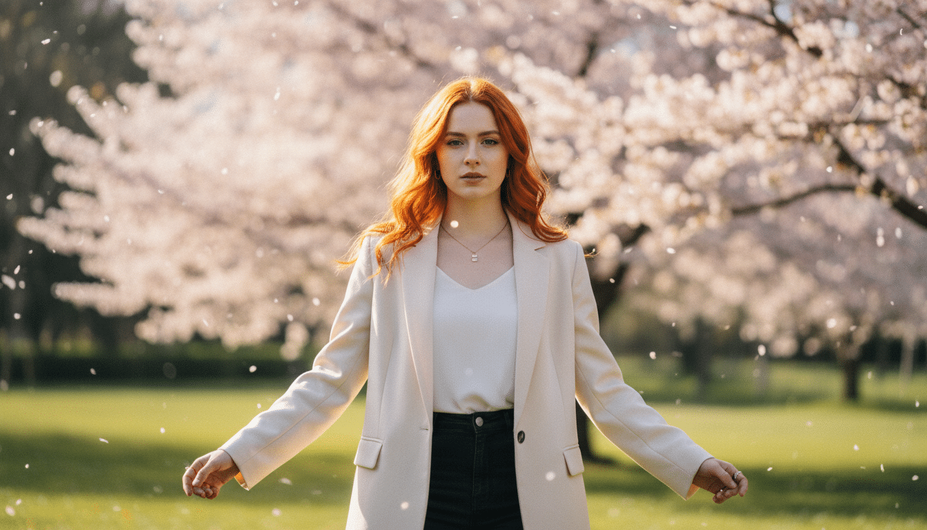 Femme déterminée sous la lumière dorée du printemps