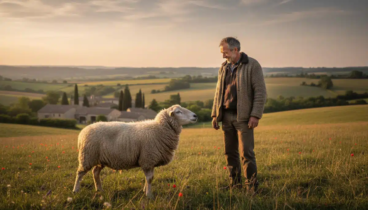 Berger et mouton qui se regardent dans un champ