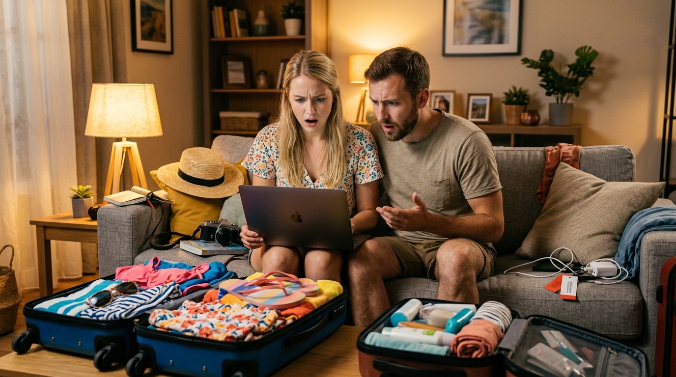 Couple choqué lisant un e-mail de changement de croisière