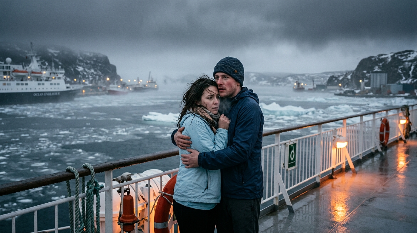 Couple en vêtements d'été sur le pont d'un navire au Canada